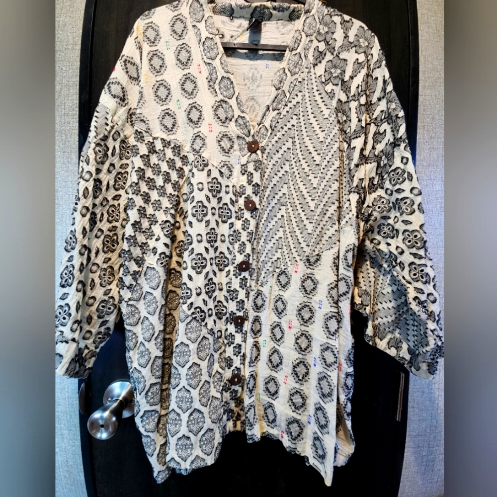 Sacred Threads woven embroidered button down top